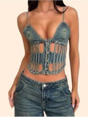 Outcast perri corset cage top in vintage denim size small